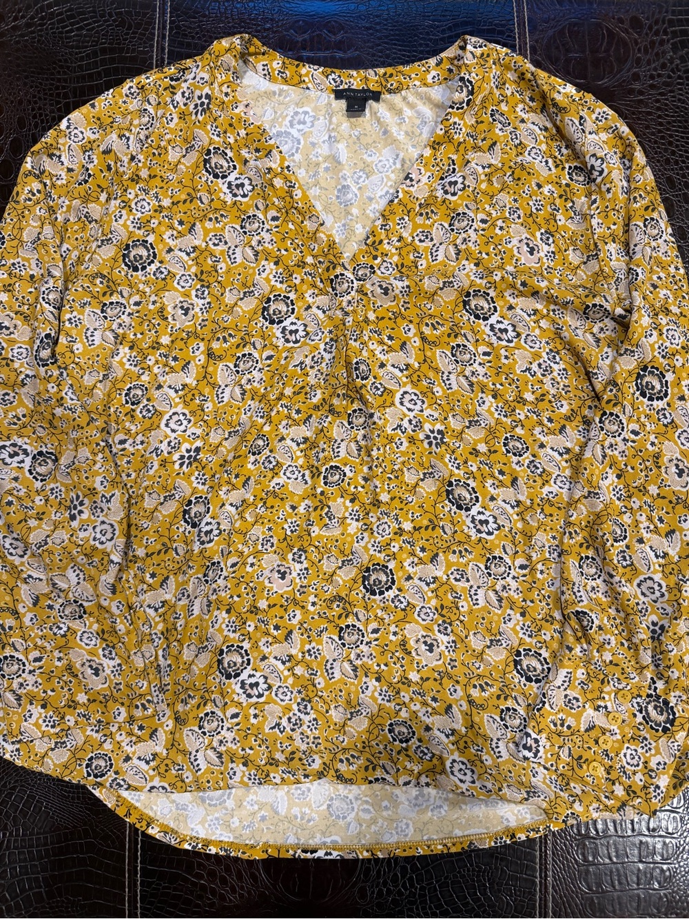 Ann Taylor Mustard Yellow Floral V-Neck Blouse - Medium